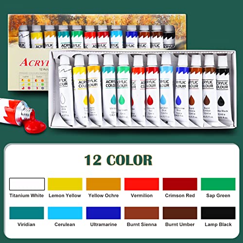 ESRICH Acrylic Paint Canvas Set,52 Piece Professional Painting Supplies Kit with 2 Wood Easel,2 * 12Colors,2 * 10 Brushes,Circular Canvas Etc,Premium