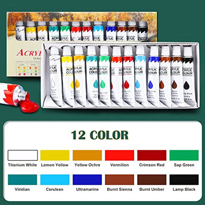 ESRICH Acrylic Paint Canvas Set,52 Piece Professional Painting Supplies Kit with 2 Wood Easel,2 * 12Colors,2 * 10 Brushes,Circular Canvas Etc,Premium - WoodArtSupply