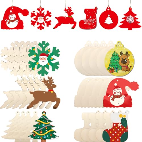 30PCS Wooden Christmas Ornaments Unfinished Christmas Wooden Hanging Decorations Pre-drilled Natural Wood to Paint DIY Arts and Crafts Christmas