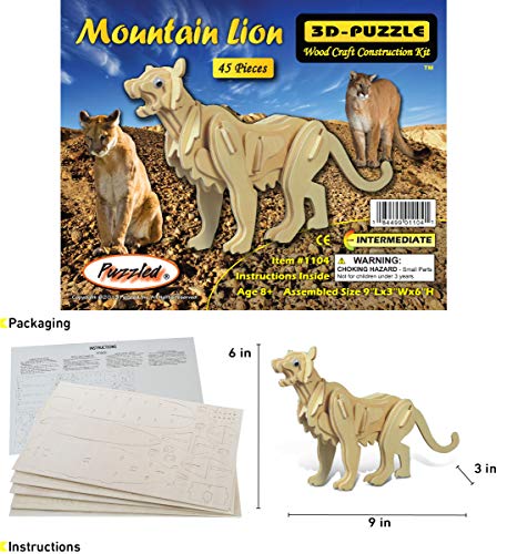 Puzzled 3D Puzzle Mountain Lion Wood Craft Construction Model Kit, Fun & Educational DIY Wooden Toy Assemble Model Unfinished Crafting Hobby Puzzle Puzzled