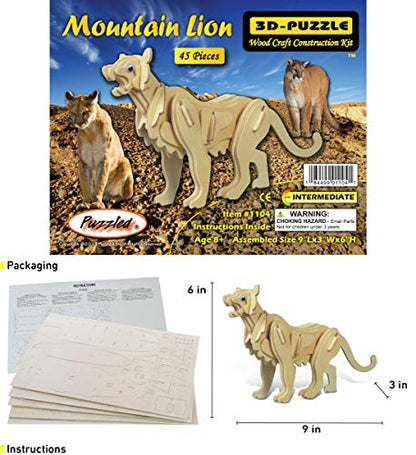 Puzzled 3D Puzzle Mountain Lion Wood Craft Construction Model Kit, Fun & Educational DIY Wooden Toy Assemble Model Unfinished Crafting Hobby Puzzle