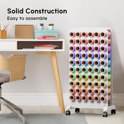 Crafit Mobile Vinyl Roll Holder, 60 Compartment Vinyl Storage Organizer with Locking Caster Wheels, Wooden Vinyl Roll Storage Cart Rack Craft Vinyl Crafit