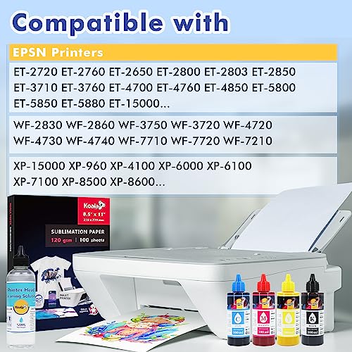 KOALA Premium Sublimation Kit, Sublimation Paper 120gsm 100 sheets, Sublimation Ink Bundle Kit and Printer Cleaner Kit for Heat Transfer on Tumblers, KOALA PAPER