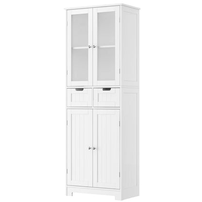 HORSTORS 67" Tall Storage Cabinet, Freestanding Pantry Cabinet with Glass Door and Shelves, Linen Bathroom Cabinet with 2 Drawers for Living Room, - WoodArtSupply