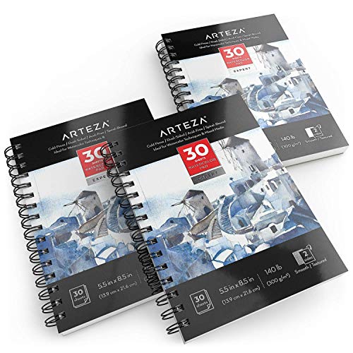 Arteza Watercolor Paper Pad Expert, Watercolor Sketchbook 5.5x8.5 Inch, Pack of 3, 30 Sheets Each, Spiral Bound, 140lb/300gsm Cold Pressed Acid Free - WoodArtSupply