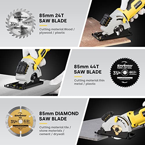 Mini Circular Saw, ENVENTOR 4.8A Electric Circular Saw Corded with Laser Guide, 4000RPM, 3 Saw Blades 3-3/8" Max Cutting Depth 1-1/16", Compact Hand