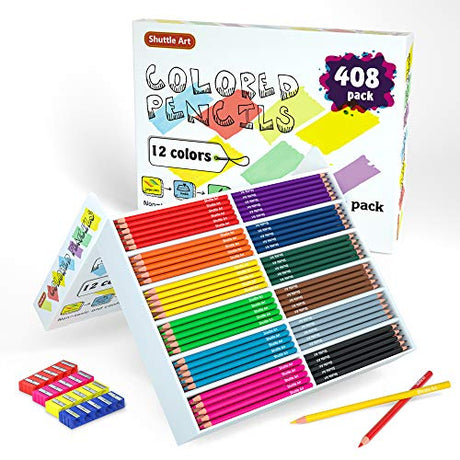 Shuttle Art Colored Pencils Bulk, 408 Pack Coloring Pencil Set Plus 20 Sharpeners, 12 Assorted Colors, Classroom Pack School Supplies Shuttle Art