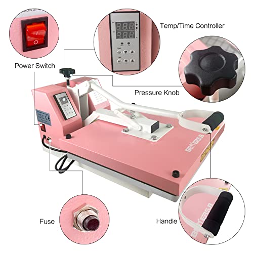 BetterSub Print T-Shirt Machine DIY Digital Industrial Quality Heat Press Machine Clamshell Transfer Sublimation Print Press Machine 15‘’x 15'' Pink BetterSub