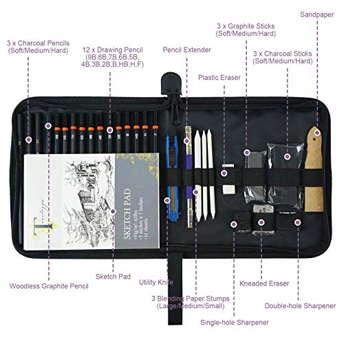 Tavolozza 34 Pack Drawing Art Pencils Set and conda 8.5"x11" Hardbound Sketch Book Tavolozza Fine Arts