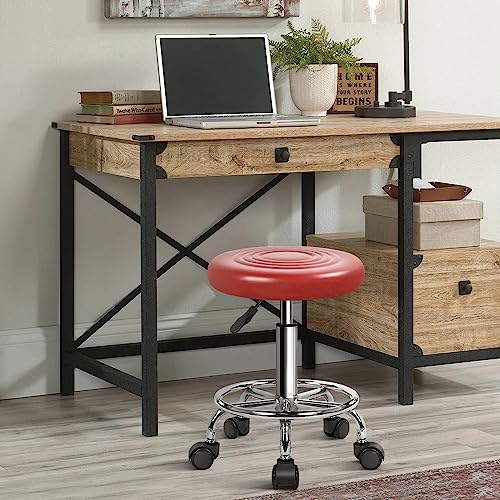 KKTONER PU Leather Modern Round Rolling Stool with Footrest Height Adjustable Spa Drafting Salon Tattoo Work Massage Stools Task Chair Small (Red) - WoodArtSupply