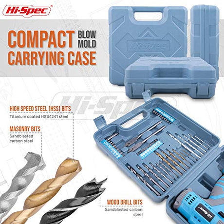 Hi-Spec 50pc 12V Cordless Drill Driver Set Electric Battery Powered - Portable Tool Box and Bit Set for DIY Projects, Home Repair, and Professional Hi-Spec