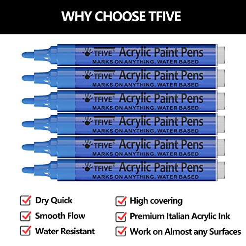 Blue Acrylic Paint Marker Pens - 2-3mm Medium Tip, 6 Pack Permanent Blue Water Based Paint Pen for DIY Projects, Paintings for Rock, Fabric, Wood, TFIVE