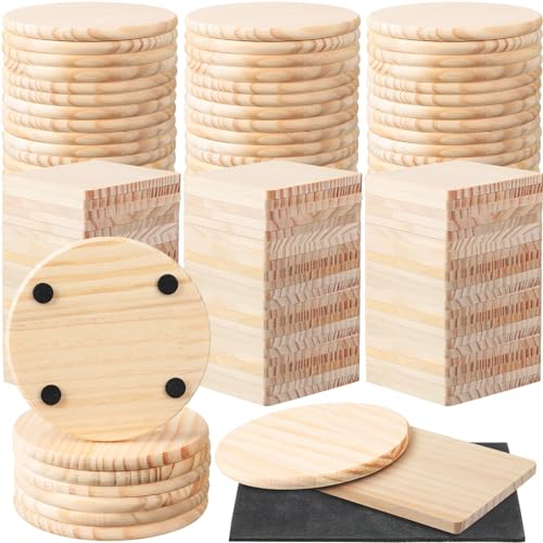 Hushee 96 Pcs Unfinished Wood Coasters 4 Inch Blank Wooden Coasters for Crafts with Non Slip Foam Pad Stickers Wooden Craft Coasters for DIY Stained Hushee