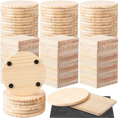 Hushee 96 Pcs Unfinished Wood Coasters 4 Inch Blank Wooden Coasters for Crafts with Non Slip Foam Pad Stickers Wooden Craft Coasters for DIY Stained