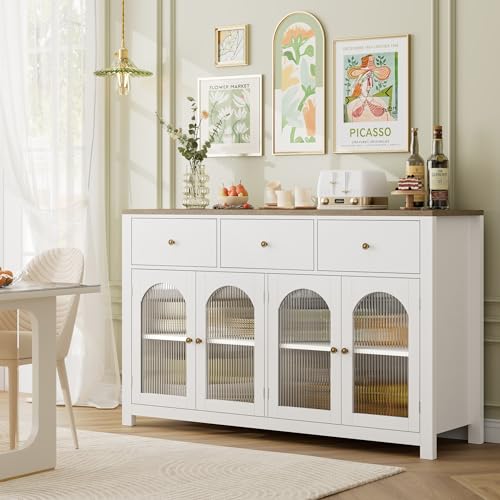 finetones Buffet Cabinet with Storage, 55.1" Large Sideboard Buffet Cabinet, Farmhouse Kitchen Cabinet Display Cabinet with 3 Drawers and 4 Doors, finetones