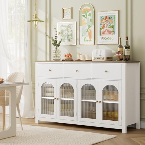 finetones Buffet Cabinet with Storage, 55.1" Large Sideboard Buffet Cabinet, Farmhouse Kitchen Cabinet Display Cabinet with 3 Drawers and 4 Doors, - WoodArtSupply