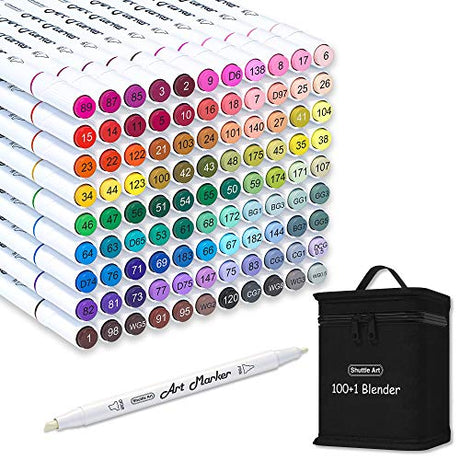 Shuttle Art 101 Colors Dual Tip Alcohol Based Art Markers,100 Colors plus 1 Blender Permanent Marker Pens Highlighters with Case Perfect for Shuttle Art