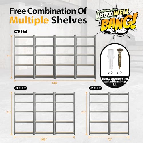 BuxWellBang 36" W x 16" D x 71" H Storage Shelves - 5 Tier Adjustable Garage Shelving Unit, Metal Standing Shelf Utility Rack Organization for BuxWellBang
