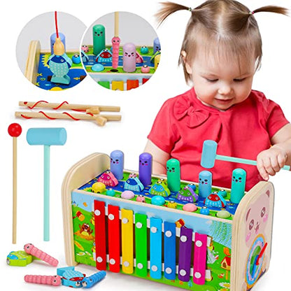 7 in 1 Wooden Montessori Toys for 1 Year Old Age 2 3 Toddler Sensory Toy Developmental Educational Hammering Pounding Toys Xylophone Fine Motor Skill