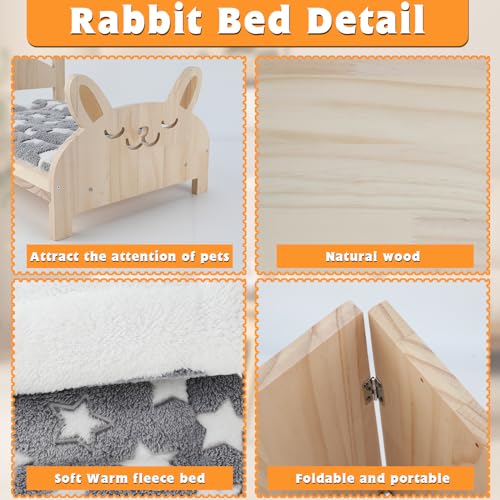BWOGUE Large Wooden Rabbit Bed, 2 in 1 Folding Wooden Pet Bed with Removable Cushion Small Animals Bed for Rabbits Bunny Guinea Pigs Kittens Puppy BWOGUE