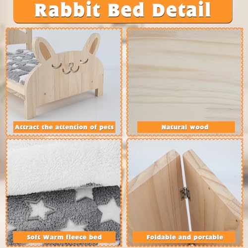 BWOGUE Large Wooden Rabbit Bed, 2 in 1 Folding Wooden Pet Bed with Removable Cushion Small Animals Bed for Rabbits Bunny Guinea Pigs Kittens Puppy - WoodArtSupply