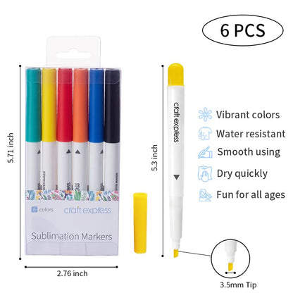 Craft Express Sublimation Markers Pens for Cricut Maker Explore 3 Air 2 Silhouette Cameo,6 Infusible Transfer Ink Pens Markers for Cricut Mug Press - WoodArtSupply