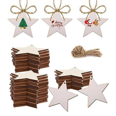 50PCS Unfinished Wood kit with Holes, Wood Slice for DIY Crafts, Blank Star Wood Cutouts Wooden Tags Ornaments for Sign Gift Tags, Christmas Waeceip