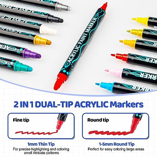 shirylzee 12 Colors Acrylic Paint Pens,Dual Tip Acrylic Paint Markers with Brush Tip and Fine Tip Paint Pens for Wood, Canvas, Stone, Rock Painting,