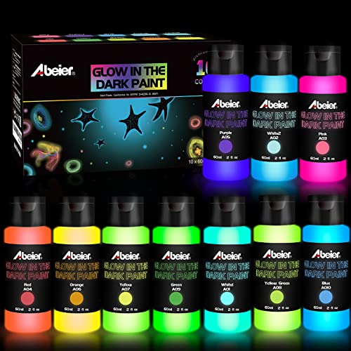 ABEIER Glow in the Dark Acrylic Paint, 10 Bright Colors (60ml/2oz) blacklight Paint, Neon Craft Paint, Long Lasting Glow Fluorescent Paint Ideal for - WoodArtSupply