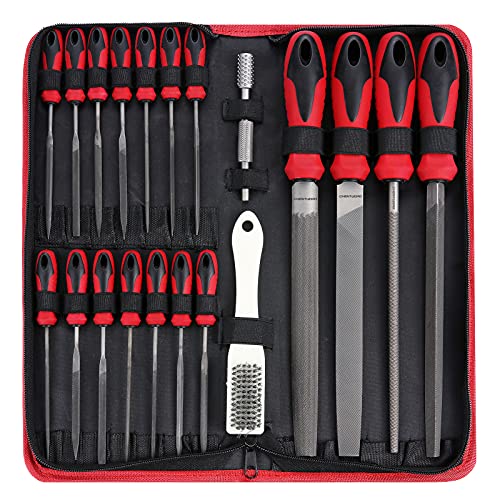 57Pcs Metal & Wood File Rasp Set,Grade T12 Forged Alloy Steel, Half-round/Round/Triangle/Flat 4pcs Large Tools, 14pcs Needle Files and a pair of