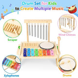 Kids Drum Set,Baby Musical Instrument for Toddler,Wooden Xylophone for Toddlers with Baby Drum Set and Wind Chime,Montessori Musical Instruments Toys BCY hohipi