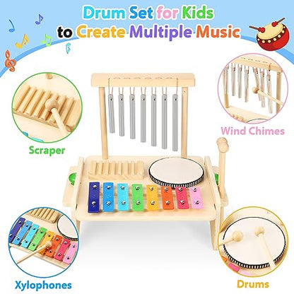 Kids Drum Set,Baby Musical Instrument for Toddler,Wooden Xylophone for Toddlers with Baby Drum Set and Wind Chime,Montessori Musical Instruments Toys - WoodArtSupply