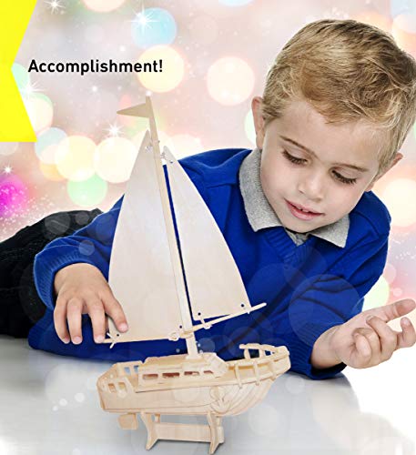Puzzled 3D Puzzle Sailboat Wood Craft Construction Model Kit, Fun Unique & Educational DIY Wooden Toy Assemble Model Unfinished Crafting Hobby Boat Puzzled