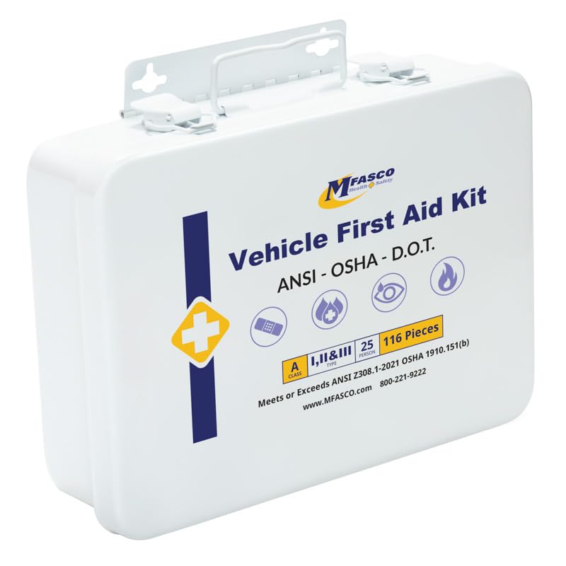 MFASCO Vehicle First Aid Kit - Compact Metal Kit - Portable & Mountable - Safety Kit for Commercial Vehicles & Workplace - DOT ANSI OSHA Compliant - MFASCO