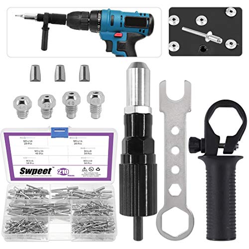 Swpeet 211Pcs Black Alloy Steel Electric Rivet Gun Adapter Kit, Including 2.4/3.2/4.0/4.8mm Diameter Rivet Head and Handle Wrench with 500Pcs Swpeet
