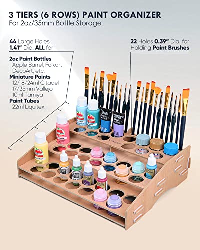 tinctor Wooden Paint Organizer & Paint Brush Holder, for 44 Bottles & 22 Brushes - Paint Holder for Acrylic Painting, Paint Rack for Miniature Paint tinctor