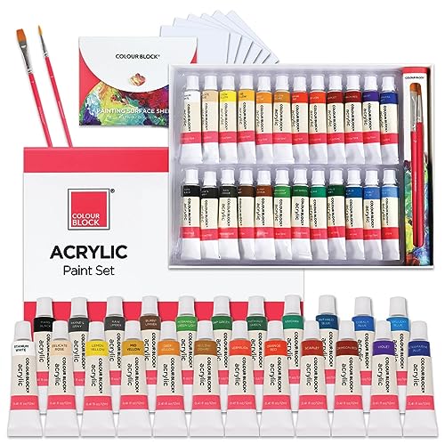 COLOUR BLOCK 32 Acrylic Paint Set with Brushes and 6 Sheet Paper - Perfect School Supply for Creating Beautiful Masterpieces