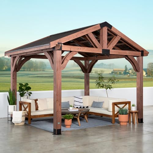 Backyard Discovery Arlington 12x10 All Cedar Gazebo, Walnut, Insulated Steel Roof, Water Resistant, Wind Resistant up to 100 MPH, Withstand 6,391 lbs - WoodArtSupply