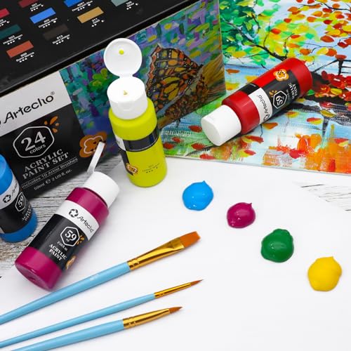 Artecho Acrylic Paint Set 24 Colors 2oz/59ml with 10 Paintbrushes, Art Craft Paint for Art Supplies, Paint for Canvas, Rocks, Wood, Fabric, Non Toxic - WoodArtSupply