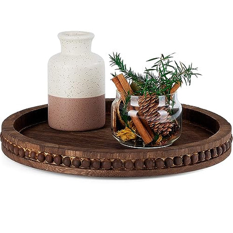 SimpleArt Wooden Decorative Tray, Coffee Table Tray with Wood Beaded Farmhouse Round Serving Tray for Rustic Home Decor,Tray for Kitchen Countertop SimpleArt