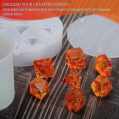 DND Dice Mold for 7 Polyhedral Sharp Edge Dice Set - Reusable Silicone Dice Making Mould with Resin Casting Tools - Custom Your Dice Molds for BiiSaa
