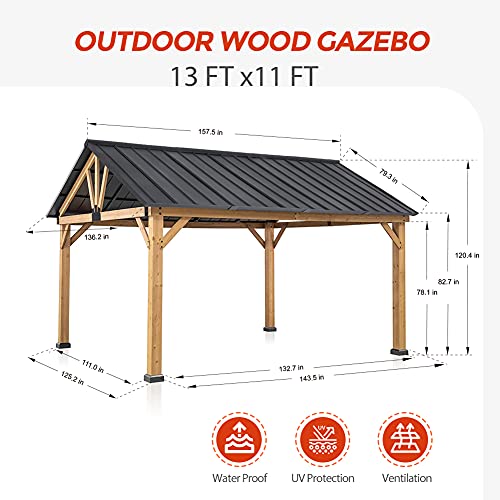 EAGLE PEAK 11x13 Hardtop Wood Gazebo,Outdoor Cedar Wood Frame Pavilion, Galvanized Steel Gable Roof, for Patio, Deck, Backyards, Garden, Natural