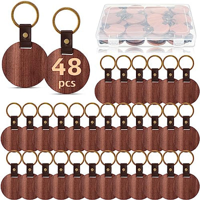 Ecally 48 Pcs Wooden Keychain Blanks Leather Strap Wood Keychain Blanks Round Wood Keyring with for DIY Employee Coworker Gift Craft