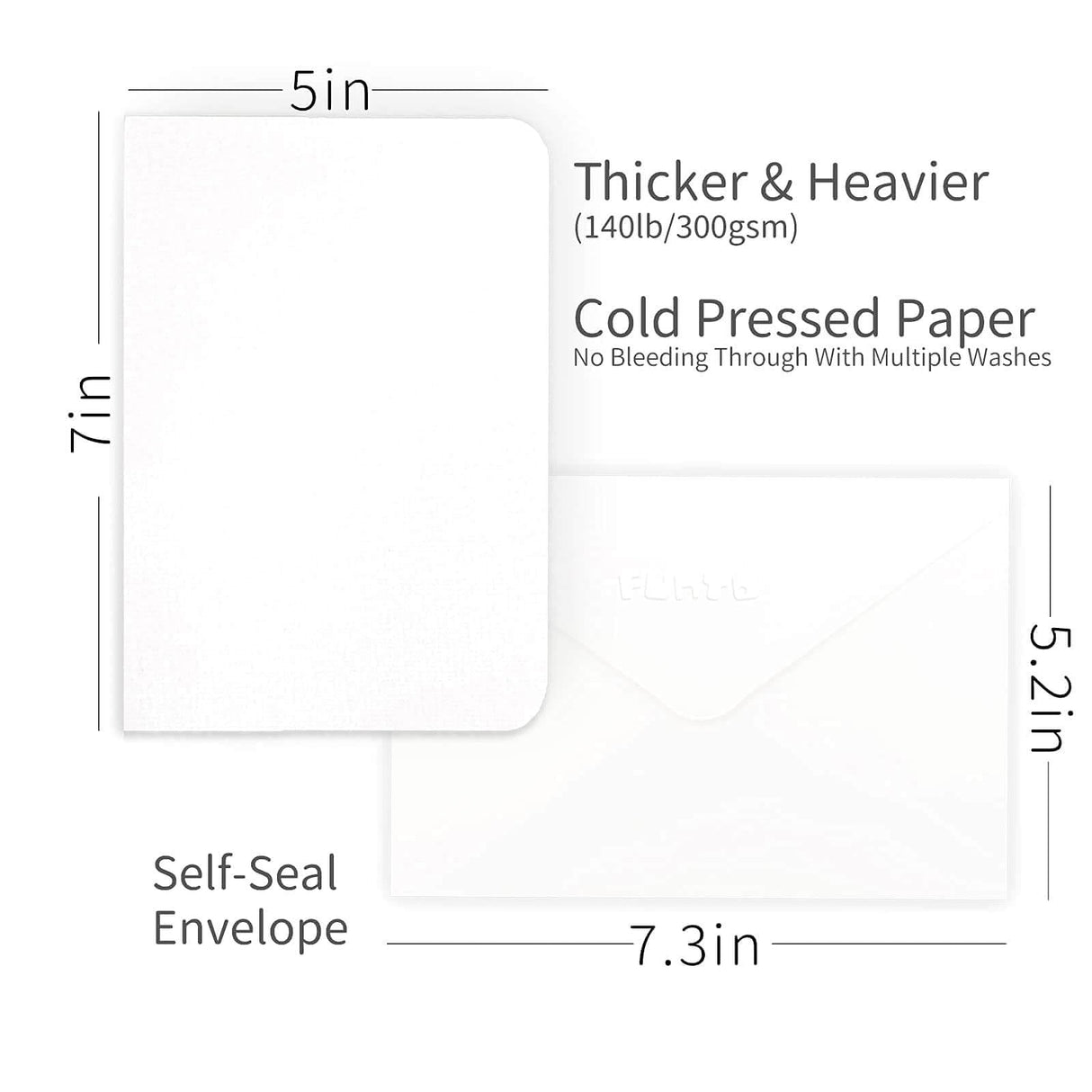 Funto Blank Watercolor Cards and Envelopes, 50 Cards, 5''x7'', 140lb/300gsm, White, Acid-Free, Heavyweight Paper for Watercolor Painting, Funto