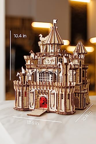 Moveable 3D Dragon Castle Wooden Puzzle with Red LED - Engaging DIY Experience for All Ages - WoodArtSupply