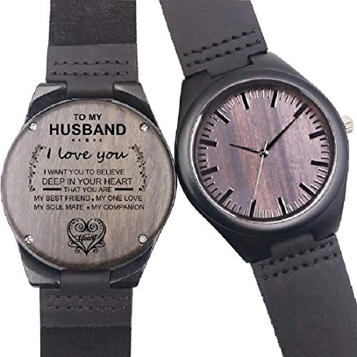 WASTIME Customized Engraved Wooden Watch, Casual Handmade Wood Watch for Men Women Husband Wife Dad Mom Son Family (C- Love Husband) - WoodArtSupply