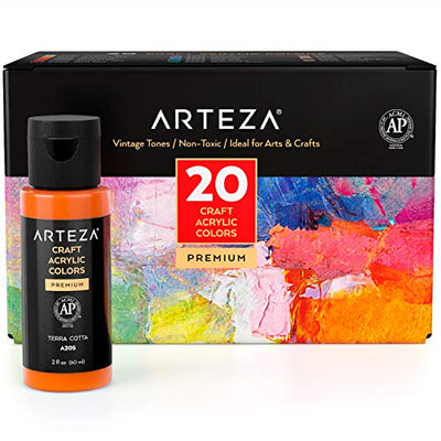 ARTEZA Craft, Set of 20 Vintage Tones, 2.02-oz/60 ml Bottles, Water-Based, Matte Finish, Acrylic Paint Set for Art & DIY Outdoor Projects on Glass,