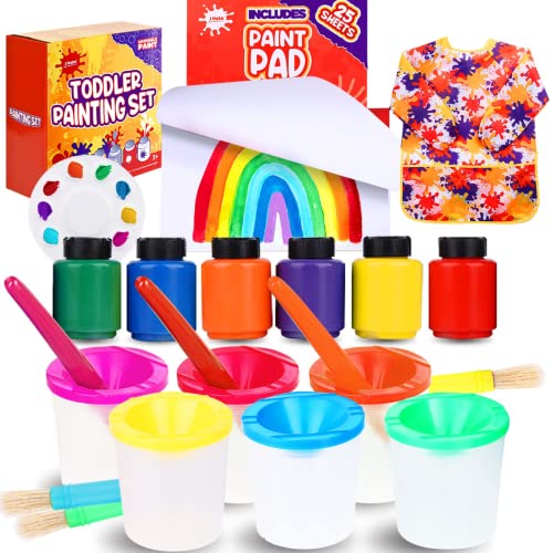 J MARK All Inclusive Toddler Painting Set - Spill Proof Paint Cups, Paint Pad, Brushes, Safe Tempera Toddler Washable Paint, Palette - Toddler Paint J MARK