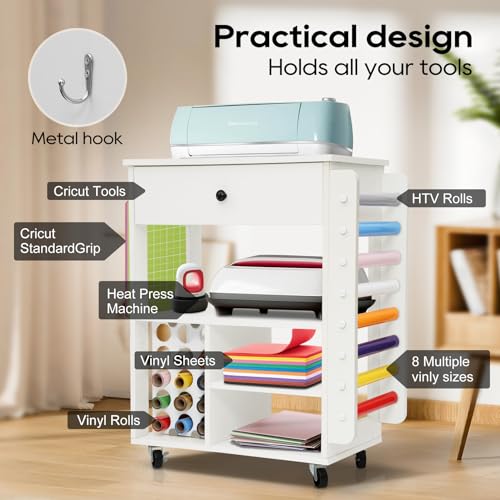 Craft Organizer and Storage Cart Compatible with Cricut Machine, Rolling Storage Organizer Cart for Circut with Vinyl Roll Holders and Drawer