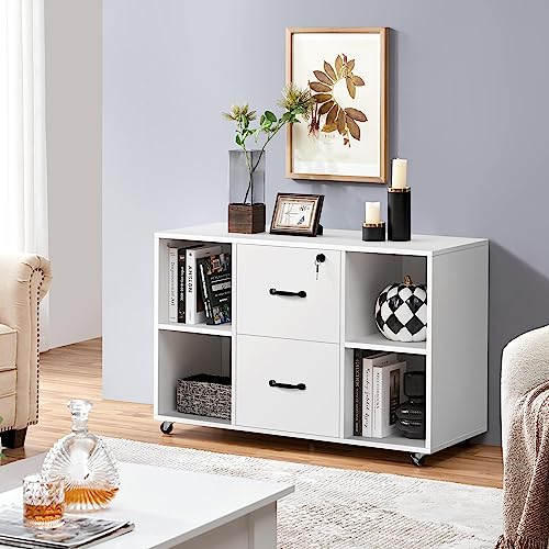 Yaheetech White File Cabinet Mobile Letter Size File Cabinet with 2 Drawers and 4 Open Storage Shelves Large Mobile Lateral Filing Cabinet Printer